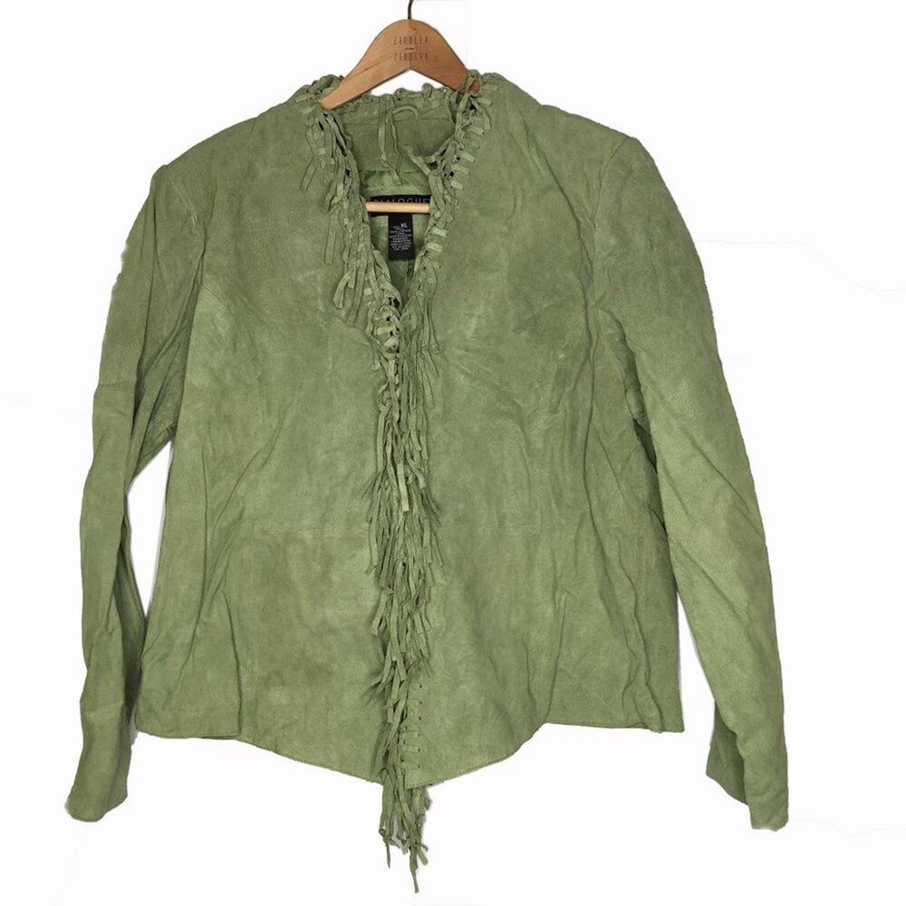 Dialogue Cowboy Fringe Leather Jacket Western Blazer Long Sleeve Green Size XL